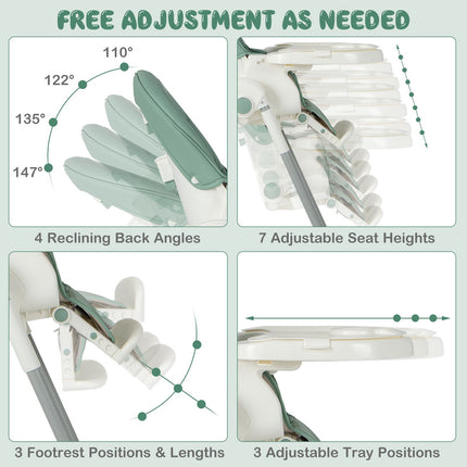 4-In-1 Foldable Baby High Chair with 7 Adjustable Heights and 4 Reclining Angles