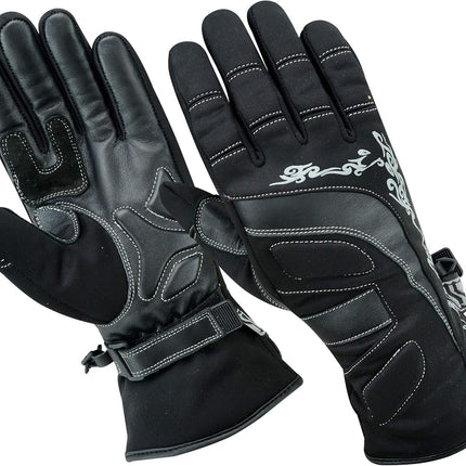 Womens Motorcycle Leather Gloves - Ladies Motorbike Riding Biker Moped Warm Winter Soft Lightweight Gloves Black Patterned - M