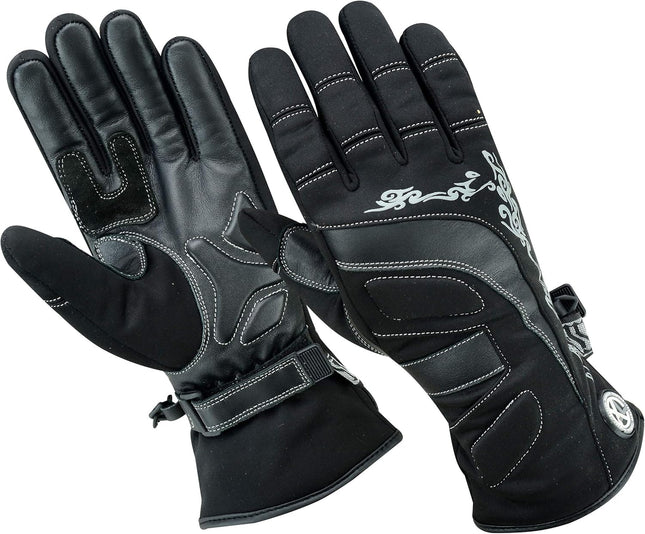 Womens Motorcycle Leather Gloves - Ladies Motorbike Riding Biker Moped Warm Winter Soft Lightweight Gloves Black Patterned - M