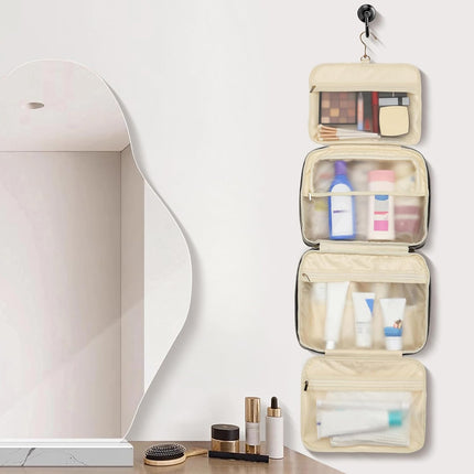 Hanging Travel Toiletry Bag - Waterproof Vegan Leather Organizer with Wet-Dry Compartments, Foldable Design for Camping, Gym, Shower & Business Trip (Brown, Large)