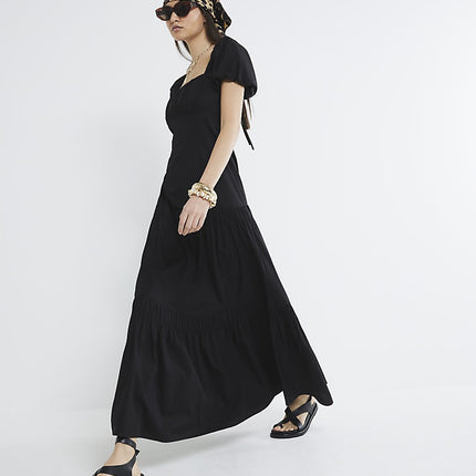 River Island Womens Midi Dress Black Short Puff Sleeve Square Neck Zip Tie Back