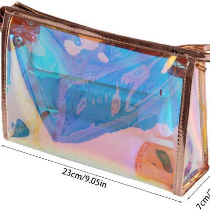 Iridescent Holographic Makeup Bag with Portable Handle, Travel Clear Toiletry Bag, Lipstick Cosmetic Pouch, Waterproof Zipper Beach Bag Make up Organizer Case for Woman Teen Girl, B