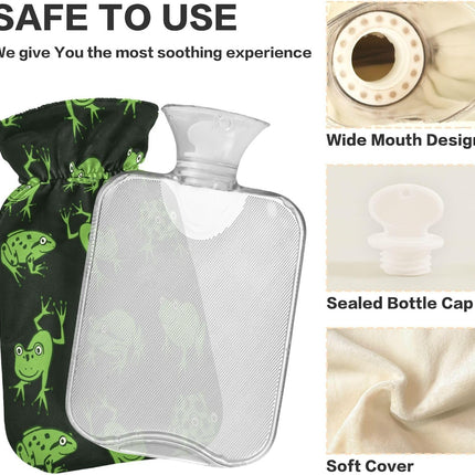 Hot Water Bottle with Cover, Funny Green Frog 1L Leakproof Hot Water Bag for Hand Feet Warmer, Neck, Shoulder, Back, Muscle Pain Relief, Cold Compress