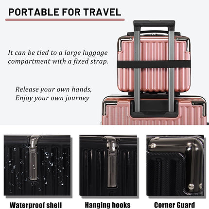 Travel Makeup Case for Women, Hard Shell Cosmetic Bag, Portable Makeup Train Case, Mini Travel Luggage with Shoulder Strap, Zipper, Large Capacity, Black