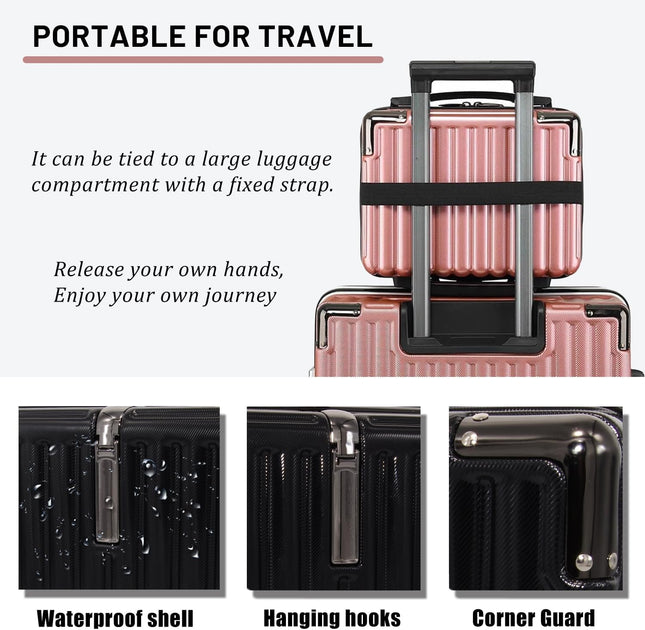 Travel Makeup Case for Women, Hard Shell Cosmetic Bag, Portable Makeup Train Case, Mini Travel Luggage with Shoulder Strap, Zipper, Large Capacity, Black