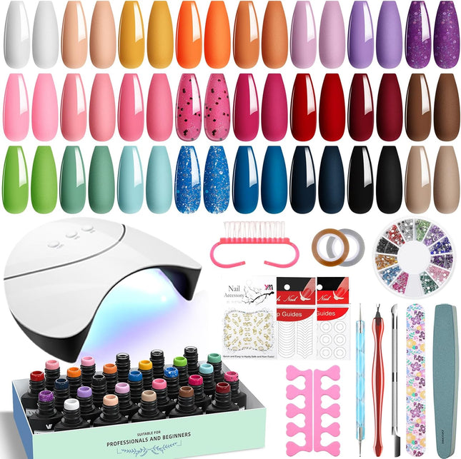 Gel Nail Polish Set with Lamp Starter Kit 24 Colours Gel Nail Kit with U V Light Red Pink Blue Gels Polish Set with Base Top Coat Nails Salon Set Gifts for Women