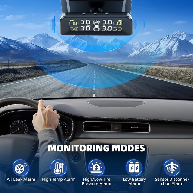 TPMS Solar Tyre Pressure Control System Universal Tire Pressure Monitoring with 5 Alarm Modes Tyre Pressure with External Tyre Pressure Sensor 22-87 PSI for Car, SUV