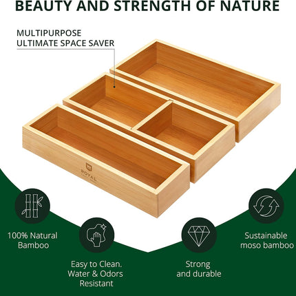 Luxury Bamboo Drawer Organizer Storage Box, Bin Set - Multi-Use Drawer Organizer for Kitchen, Bathroom, Office Desk, Makeup, Jewelry (3 Boxes)