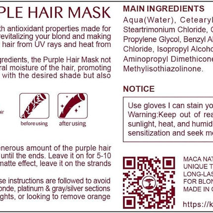 Purple Hair Mask 500Ml Neutralizes Yellow Tones Deep Nourish Brighten Hair for Light Blonde, Platinum, White or Grey Hair