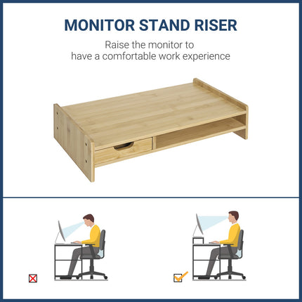 Monitor Riser Laptop PC Plinth Stand Organiser Computer Screen W/ Drawer Bamboo
