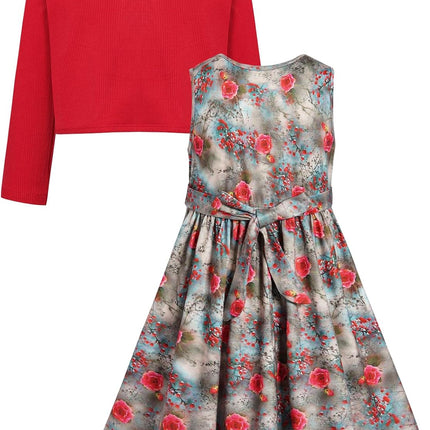 Girls Clothing Set 2 Pieces Long Sleeve Cardigan + Sleeveless Floral Print Dress Sets and Outfits