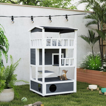 Pawhut Wooden Outdoor Cat House 3-Tier Kitten Shelter W/ Tilted Roof Grey