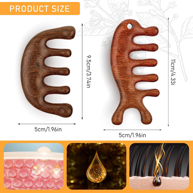 2 Pack Sandalwood Scalp Massage Tool - Wooden Gua Sha Comb for Hair Growth & Stress Relief