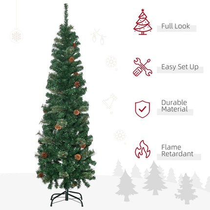 HOMCOM 5.5FT Artificial Slim Christmas Tree Holiday Home Décor with Pine Cones