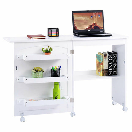Folding Sewing Table with Storage Shelves and Lockable Casters