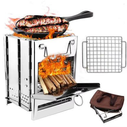 Camping Wood Burning Stove with Grill Collapsible Backpacking Survival Rocket Stove Stainless Steel Campfire Stove