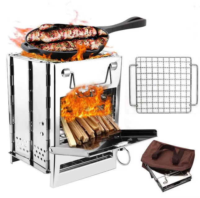 Camping Wood Burning Stove with Grill Collapsible Backpacking Survival Rocket Stove Stainless Steel Campfire Stove