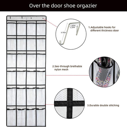Over the Door Shoe Organizer, Hanging Shoe Organizer with 24 Mesh Large Pockets Door Shoe Rack Organizer for Men Women Kids Hanging Shoe Storage Bag.(White)