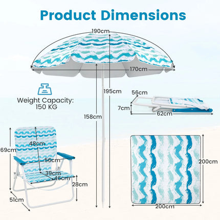 4 Pieces Beach Umbrella Set with 2 Foldable Chairs and Picnic Blanket