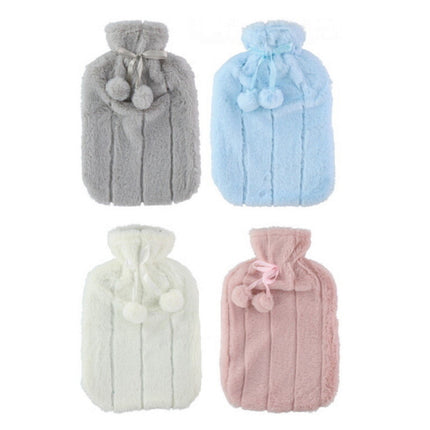 Large 2L Rubber Hot Water Bottle with Warm Faux Fur Fluffy Plush Pom Pom Cover
