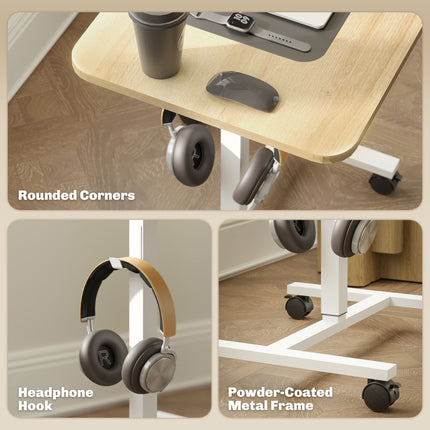 Pneumatic Height Adjustable Standing Desk with Wheels and Headphone Hook