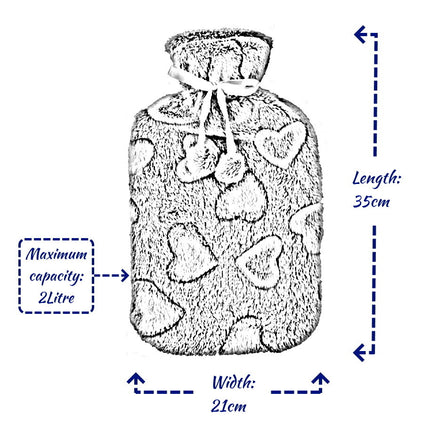 Large 2L Rubber Hot Water Bottle with Warm Faux Fur Fluffy Plush Pom Pom Cover