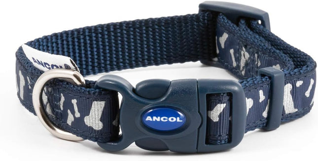 Ancol Fashion Dog Collar - Blue Reflective Bones Adjustable Collar for Dogs And