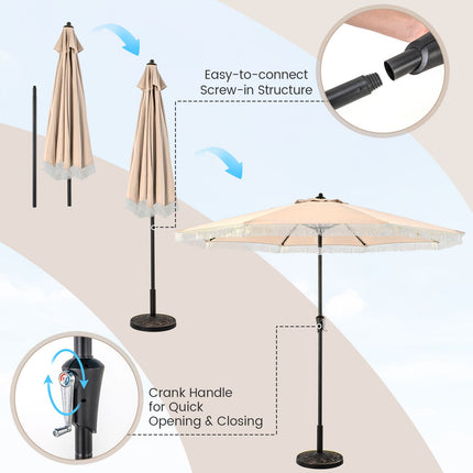 9 FT Patio Umbrella with Fringe Tassel Umbrella with Tilt and Crank
