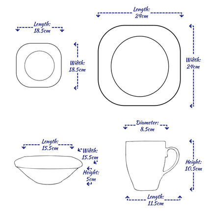 16PC Square Dinner Set Porcelain Dining Soup Plate Bowl Mug Dinnerware Printed
