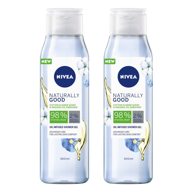 Nivea Naturally Good Oil Infused Shower Gel, Cotton Flower & Organic Oil -2 Pack