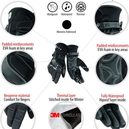 Womens Motorcycle Leather Gloves - Ladies Motorbike Riding Biker Moped Warm Winter Soft Lightweight Gloves Black Patterned - M