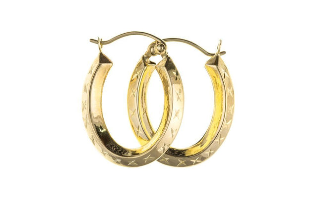 Gold Hoop Earrings Yellow Gold Oval Diamond Cut Creole Earrings Hallmarked
