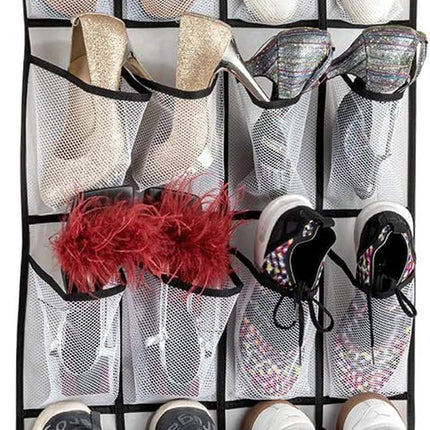 Over the Door Shoe Organizer, Hanging Shoe Organizer with 24 Mesh Large Pockets Door Shoe Rack Organizer for Men Women Kids Hanging Shoe Storage Bag.(White)