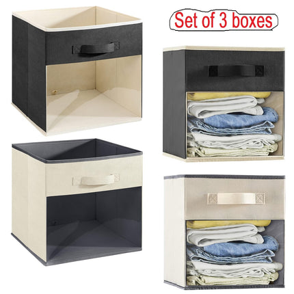 3X Fabric Storage Box Storage Cube Foldable Box with Clear Window Grey Organiser