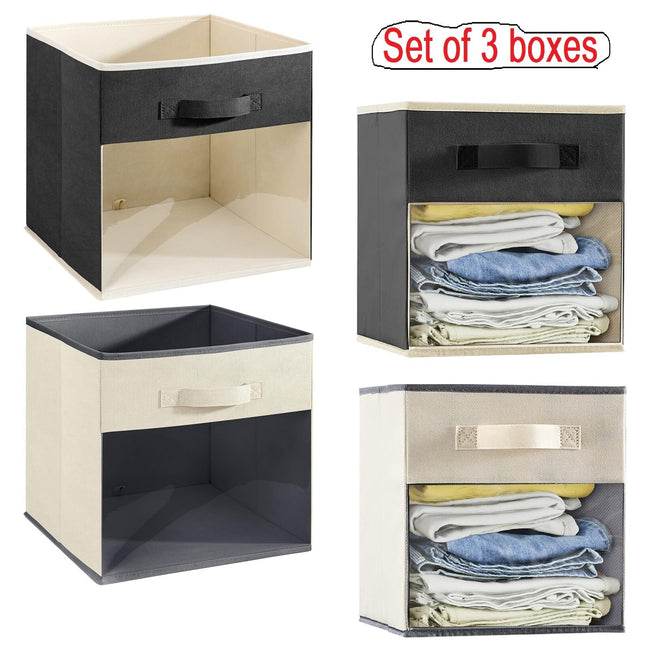 3X Fabric Storage Box Storage Cube Foldable Box with Clear Window Grey Organiser