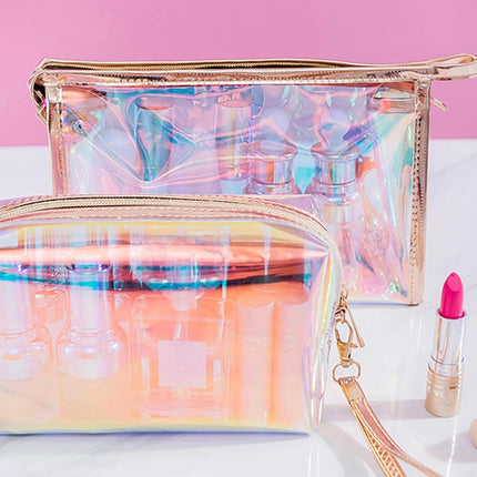 Iridescent Holographic Makeup Bag with Portable Handle, Travel Clear Toiletry Bag, Lipstick Cosmetic Pouch, Waterproof Zipper Beach Bag Make up Organizer Case for Woman Teen Girl, B