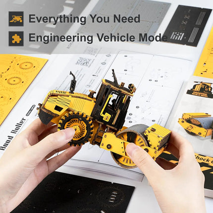 Rokr 3D Puzzles Wooden Model Car Kits Engineering Road Roller Model DIY Wooden Building Kits for Kids Gift for Birthday