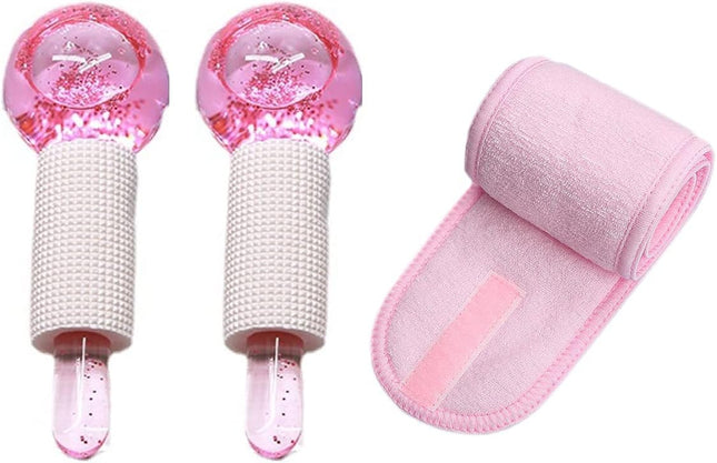 Ice Globes for Facials,  Ice Roller Mold Set for Eyes and Face, 2Pcs Facial Ice Globes with Adjustable Spa Facial Headband for Face & Eye Puffiness Relief, Pink Color L Size 13.5 X 5Cm