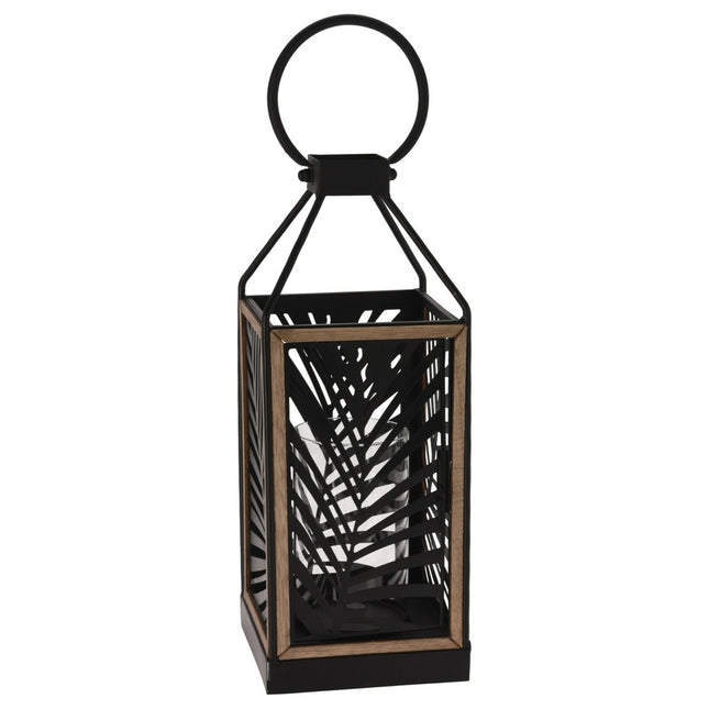 Black Metal Leaf Effect Lantern with Glass Tealight Holder & Wooden Trim 48Cm