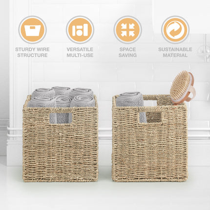 Set of 2 Foldable Seagrass or Water Hyacinth Storage Baskets with Inset Handles