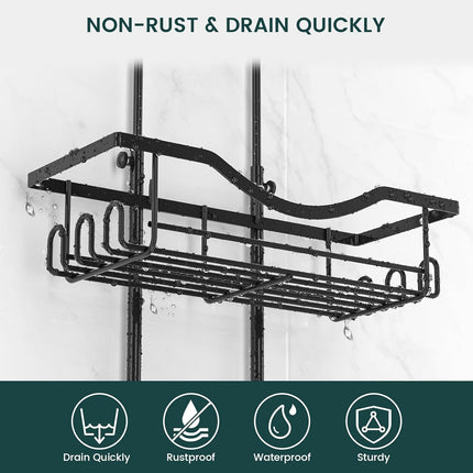 Shower Caddy Hanging Adjustable Shower Caddy, Rustproof Shower Organizer Extended Length Shower Caddy over Shower Head with Hooks Soap Holder, Large Capacity Anti-Swing Bathroom Organizer, Black