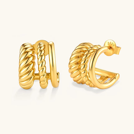 Gold-plated sterling silver triple hoop huggie earrings with rope-twist and smooth band details, shown from front and side.