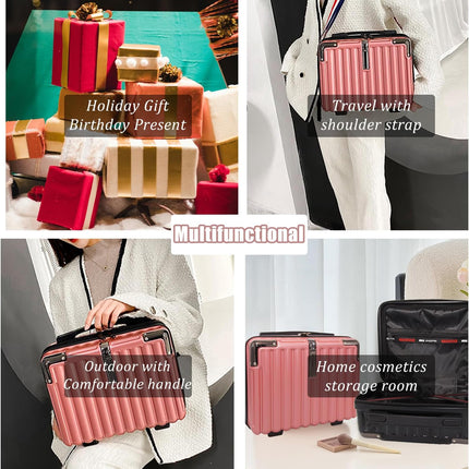 Travel Makeup Case for Women, Hard Shell Cosmetic Bag, Portable Makeup Train Case, Mini Travel Luggage with Shoulder Strap, Zipper, Large Capacity, Black