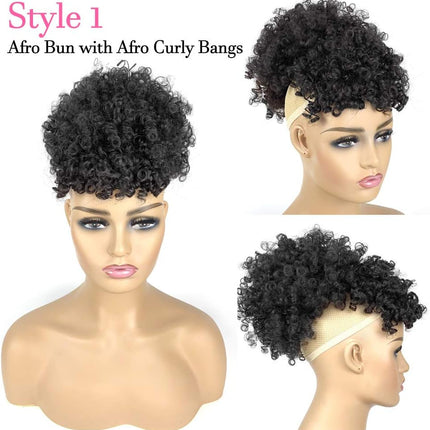 Afro Puff Drawstring Ponytail with Bangs Pineapple Updo Hair for African American Women,Short Kinky Curly Ponytail Bun with 2 Replaceable Bangs(#1B-Black)