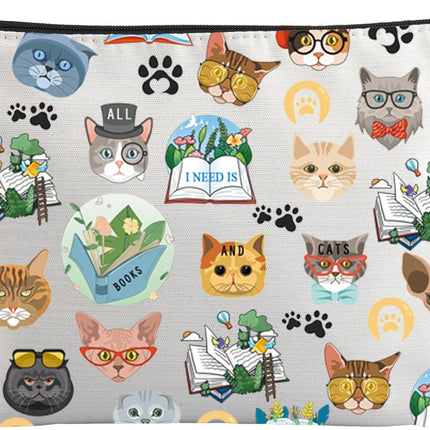 Cat Makeup Bag: Kitten Cosmetic Travel Bag with Zipper - 'Books and Cats' Bag Gift for Cat Lovers