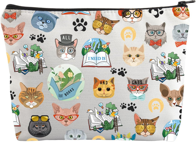 Cat Makeup Bag: Kitten Cosmetic Travel Bag with Zipper - 'Books and Cats' Bag Gift for Cat Lovers