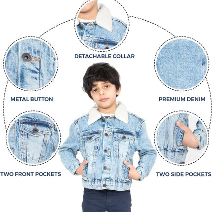 Boy’S Trucker Denim Jacket Detachable Sherpa Collar Washed Denim Classic Western Style Jean Coat UK Sizes 5-13 Years