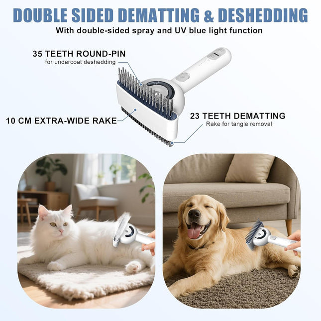 Double-Sided Pet Deshedding Dematting Comb & Steam Brush with 2 Spray Levels, Ex