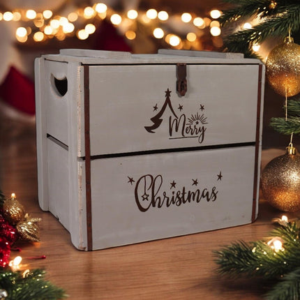 Rustic Vintage Grey Merry Xmas Box Wooden Display Storage Crate Xmas Eve Box