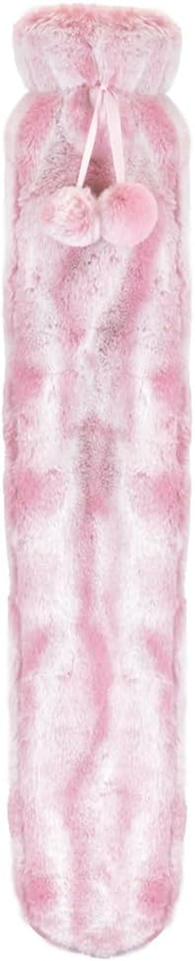 Hot Water Bottle 2 Litre Capacity Two Tone Pink Faux Fur Pom Pom Fleece Cover Rubber Leak Proof Long Hot Water Bag for Pain Relief Cosy Nights and Relaxation Body Warmer